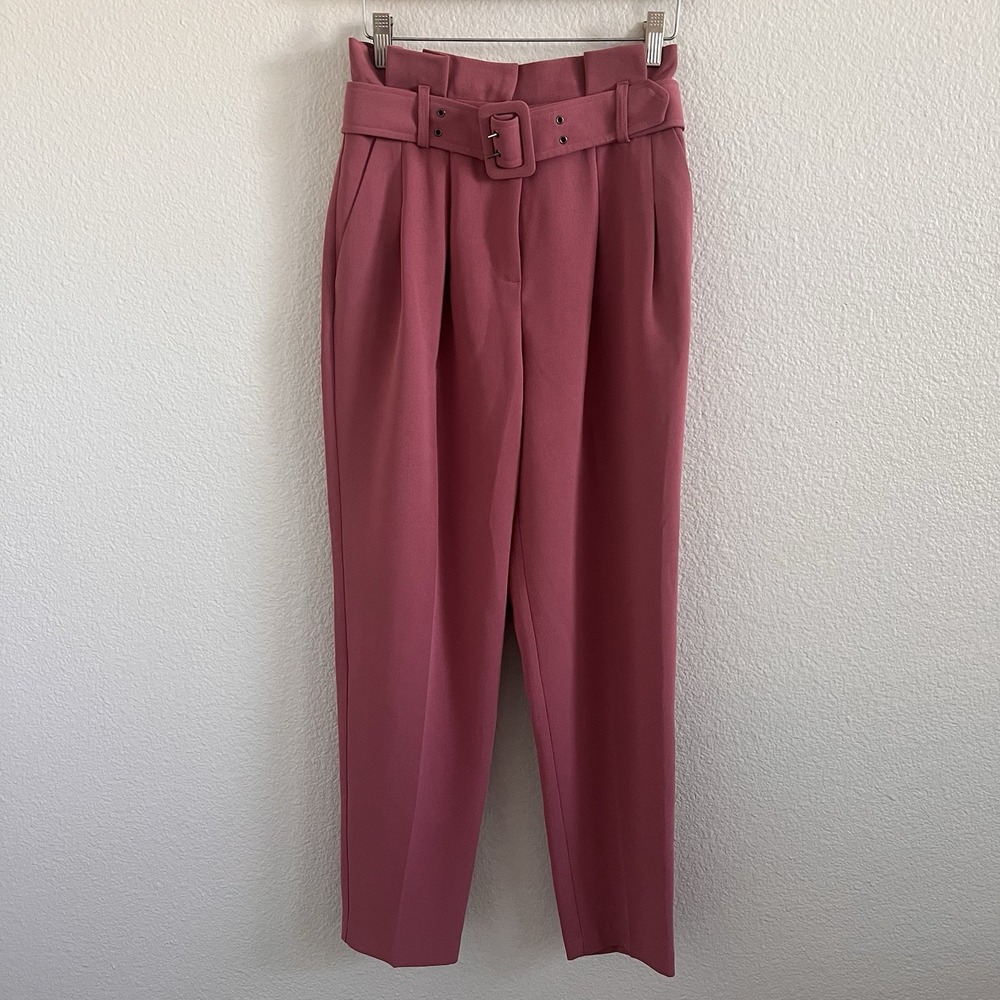 Topshop Sz 2 Pink High Waist Belted Trousers Pleated Dress Pants Chic Workwear